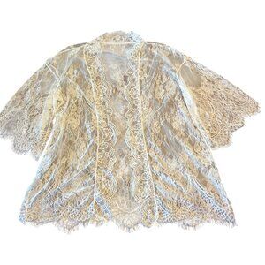 Lace Kimono Cardigan Sheer White M Boho Cover-Up Scalloped Edges Delicate Design